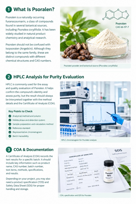 Psoralen 98% guide covering botanical source, HPLC purity evaluation, and quality documentation